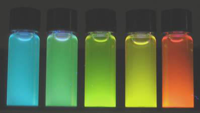 Photo of brightly glowing vials of highly luminescent, water soluble quantum dots