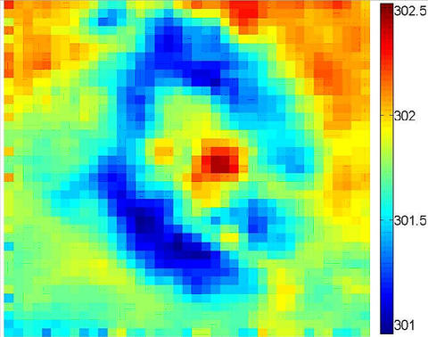 The NIST terahertz imaging system reveals slight temperature differences, as shown in this post-processed image.