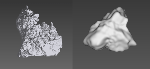 3D Image reconstructed from XRCT data of an (left) Apollo 11 lunar regolith particle, in voxel form, and (right) an Apollo 14 lunar regolith particle, represented by spherical harmonics. The white bar in both images is approximately 40 micrometers long.