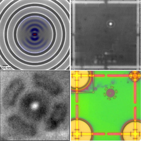 Four images showing circular grating for extracting single photons from a quantum dot