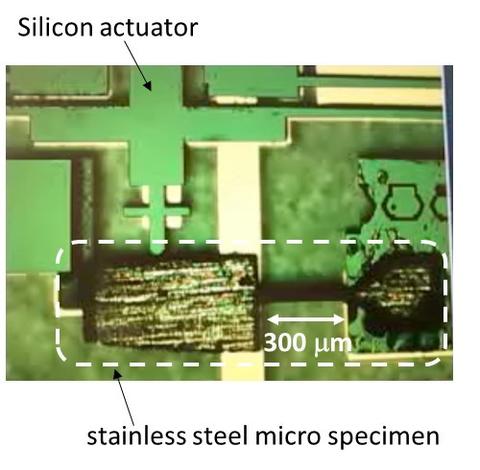 Measuring the bending stiffness of stainless steel micro specimens.