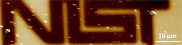 Non-destructive EFM subsurface image on metal lines buried in 800nm thick glass, full scale: 35 degree. The white bar is 10 µm.
