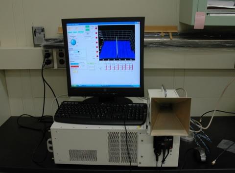Monitor display from STG through-barrier sensing system, showing transceiver, electronics, and display (no moving target).