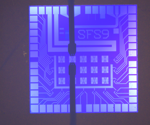Purple square chip with Xs and the code SFS9 on it.