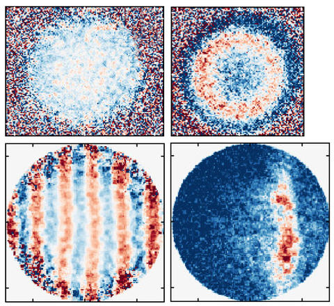 Four images composed of diffuse red, white and blue patterns.