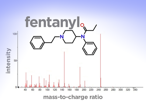Mass Spectrum of Fentanyl A graph with vertical lines showing the mass spectrum of fentanyl