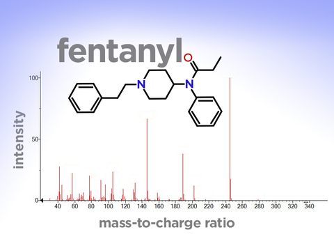 A graph with vertical lines showing the mass spectrum of fentanyl
