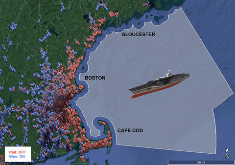 Tan and red aircraft carrier in grey colored segment of ocean off Cape Cod, MA, represents ship at sea while red and blue balloons along the coast indicate wireless users.