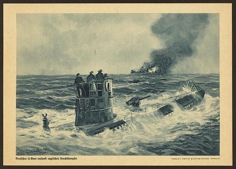 Artist's print showing German sailors standing on the conning tower of a U-boat on the ocean's surface after sinking a cargo ship