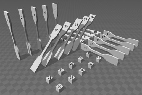 Build layout used for polymer powder bed fusion (background squares are 1 cm)