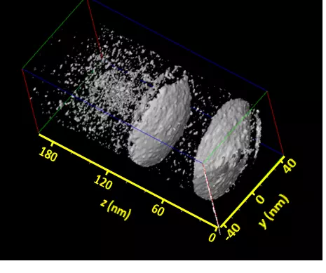 Laser-assisted atom probe tomography of InGaN quantum wells in a GaN nanowire grown by molecular beam epitaxy.&nbsp; Reconstruction with an isoconcentration surface of nominally 0.8 at. % indium is shown.