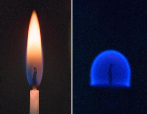 Two candle flames are seen, one in Earth's gravity which is long and pointed and the other in microgravity, which is spherical.