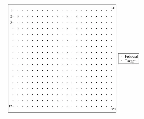 Figure 2.  Layout of fiducial and targets points.  Grid spacing is 25 mm.