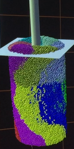 Snapshot from a simulation of the mortar SRM in a double-helix rheometer. The white plane shows the initial location of the top of the suspension before starting the rheometer.