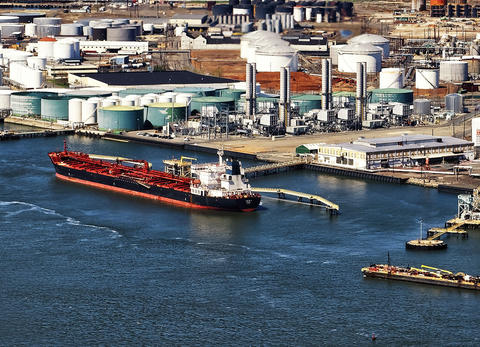 Oil transfer ship in port