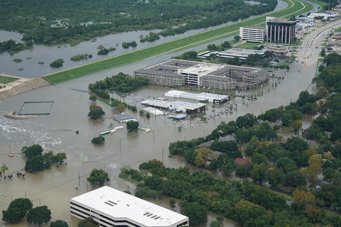 Building surrounded with flood waters
