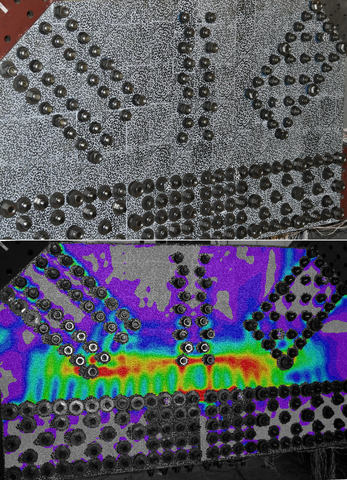 A speckled pattern on a bridge gusset plate enables digital image correlation of stresses. 