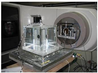 Graphite transfer ionization chamber in a water phantom and monitor chambers attached to accelerator head for dose normalization.