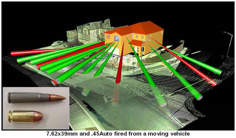 A partially modeled point cloud of the scene of an outdoor drive-by shooting with a Leica Geosystems 3D Laser Scanner used to back-extrapolate the flight paths of the bullets. Image courtesy of Mike Haag, Alburquerque P.D. Crime Lab.