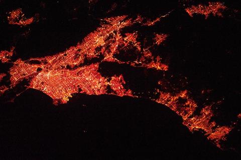 View of Los Angeles at night from the International Space Station. Credit: NASA