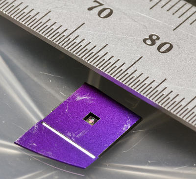 In the cut-out area of the purple mount, a silicon nitride membrane holds an array of gratings.
