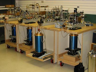 NIST waveguide radiometers. The cryogenic primary standards are encased in the blue cylinders.