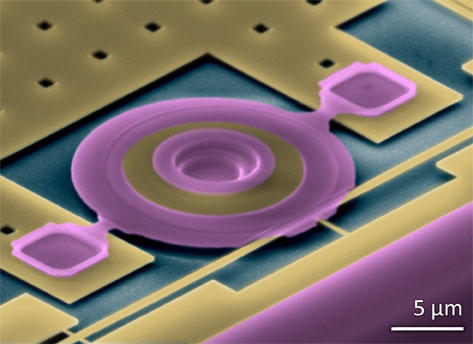 False-color scanning electron micrograph of a nanophotonic motion sensor. 