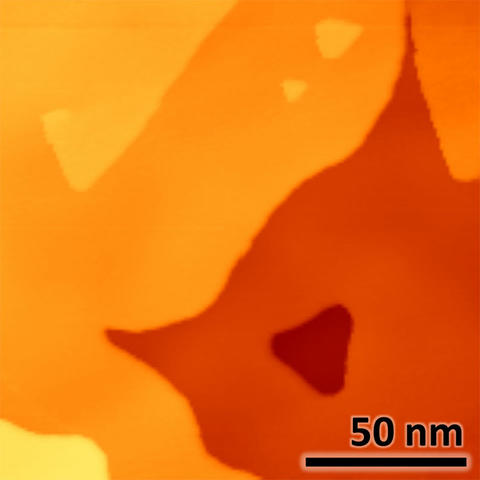 Scanning tunneling microscopy topographic image of a bismuth selenide film grown by molecular-beam epitaxy on a strontium titanate substrate.  