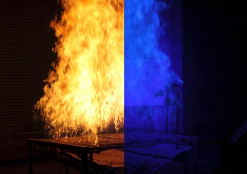 In this photo, we see a split-screen image of a laboratory fire. The left side shows the fire obscuring the view of an object behind it while the right side shows the same object with the clarity dramatically enhanced using ordinary blue light.