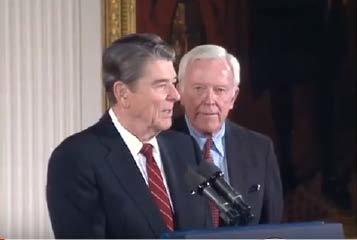 President Ronald Reagan and Secretary of Commerce William Verity Jr. at first Baldrige Awards ceremony.