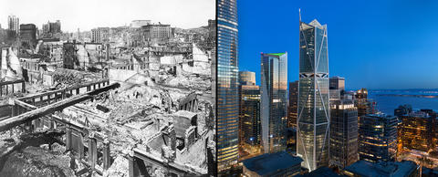 Two photos are seen next to each other. The first shows the devastation following the 1906 earthquake in San Francisco and the second shows a modern-day, hazard-resilient skyscraper in the same city.