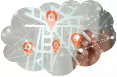 Shape of a cloud with the image of someone drawing points on a map on the inside