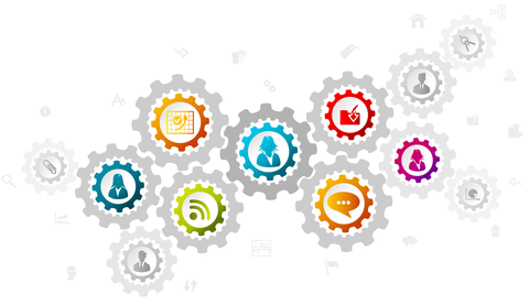 Systems perspective illustration with business icons in gears Systems perspective illustration with business icons in gears