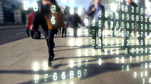 Image of people walking on a sidewalk with data numbers in the forefront