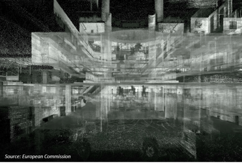 Black and white image of point cloud data of a hotel in San Anotonio
