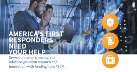 Image of two researchers pointing at a digital screen with public safety icons in the forefront and text that reads "America's First Responders Need Your Help"