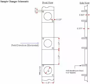 Schematic of the 5 position sample changer for use with electromagnets, including dimensions of the sample spaces