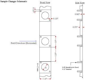 Schematic of the 5 position sample changer for use with electromagnets, including dimensions of the sample spaces