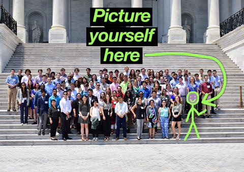 A large group of NIST Summer Undergraduate Research students stand on the steps of the U.S. Capitol. A bright green stick figure is drawn in on one side with the words Picture Yourself Here overtop