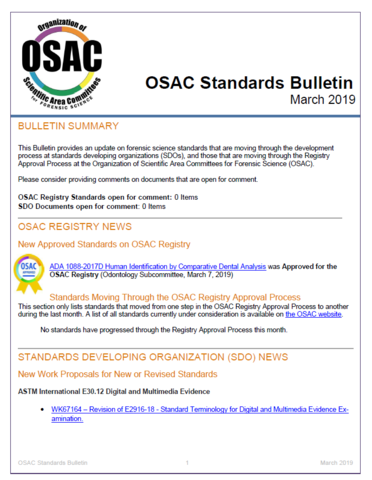OSAC Standards Bulletin, March 2019