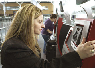 woman standing at iris recognition