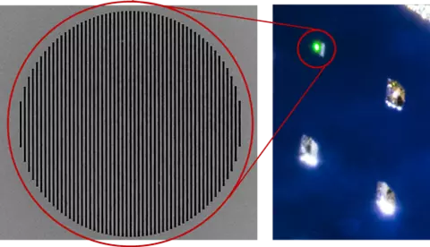 right: blue background with white specks of light. left: gray background with black vertical lines making up a circle.