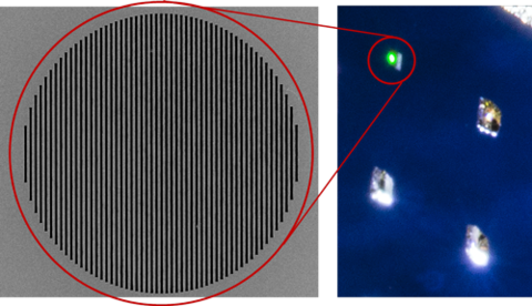 right: blue background with white specks of light. left: gray background with black vertical lines making up a circle.