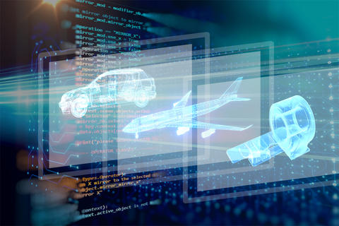 Composite illustration showing software code, a car, an airplane, and an MRI machine