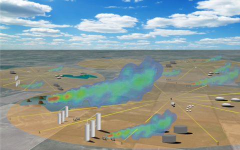 A gas field with gas leak detection systems arrayed in circles with the path of appearing as spokes. Several billowing gas leak clouds can be seen. 