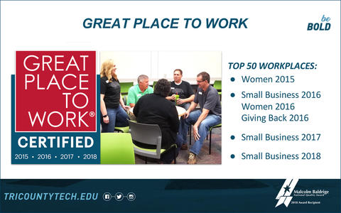 Tri County Tech Great Place to Work Certified showing group of employees. Top 50 Workplaces: Women 2015; Small Business, Women and Giving Back 2016; Small Business 2017; and Small Business 2018.