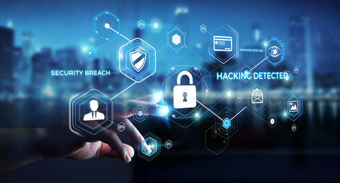 Stock image showing various cybersecurity icons such as security lock , shield, retinal scan, email