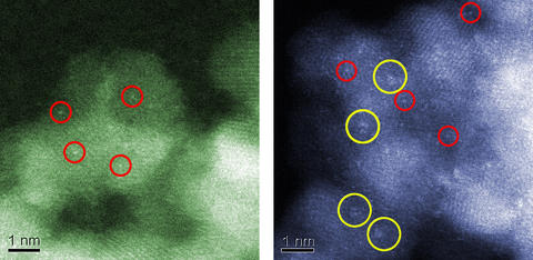 Electron micrographs showing inactive (left) and active (right) catalysts consisting of gold particles absorbed on iron oxide. 