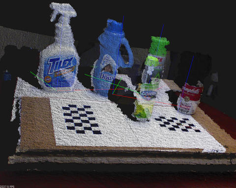 A photo of fuzzy household cleaners as they're seen through the vision system used in the Perception Challenge