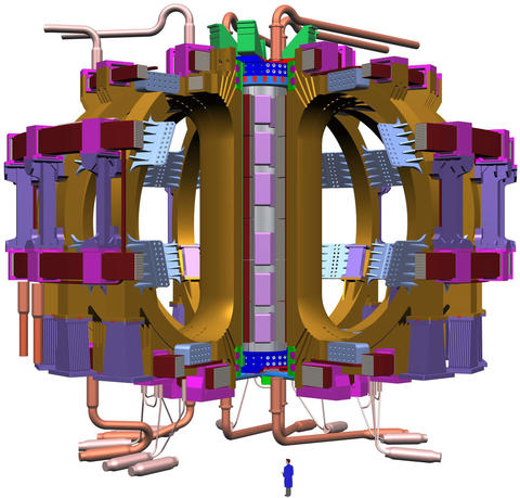 Larger schematic showing a tiny human figure indicates the scale of the ITER toroid.
